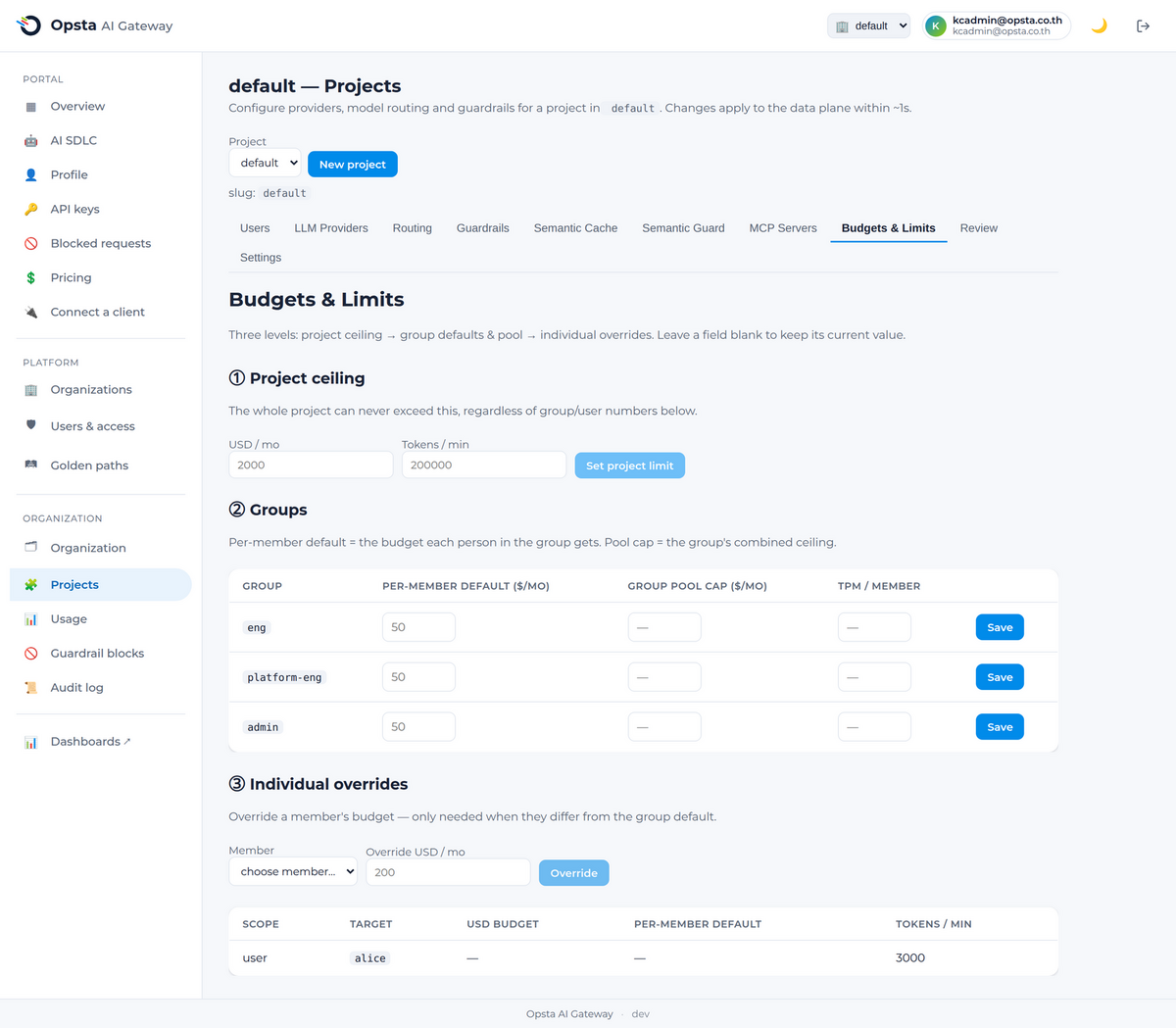 Hierarchical USD budgets across org, project, group, and user